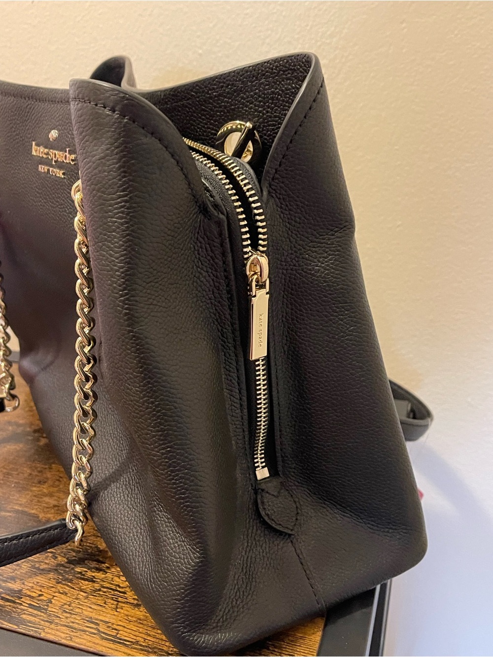 kate spade Black Pebbled Leather Shoulder Bag with Gold Chain - Picture 7 of 9